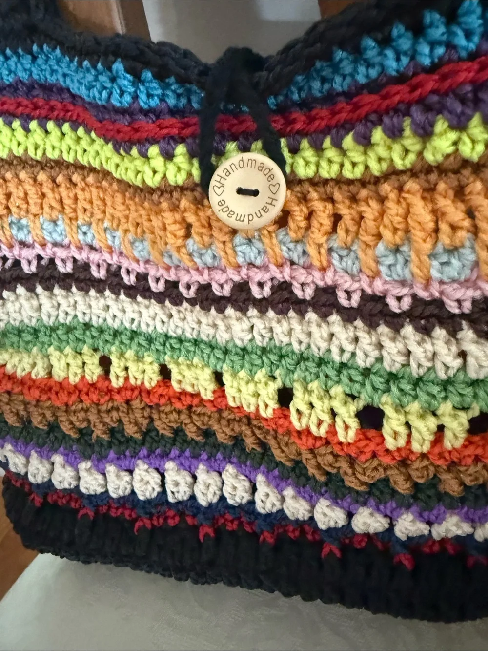 Handmade Multicolor Crochet Boho Shoulder Bag with Button Closure